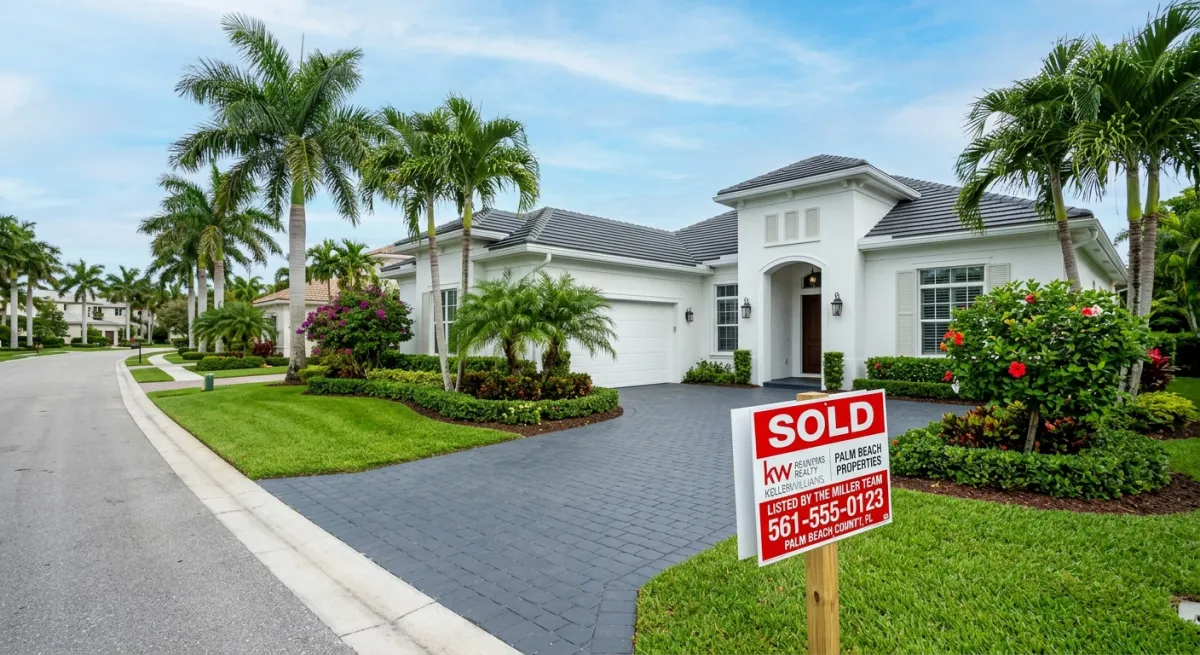 A pristine Palm Beach County home with a Sold sign and immaculate curb appeal