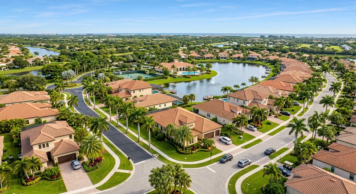 Aerial view of a pristine HOA community in Palm Beach Gardens with clean driveways and manicured landscaping