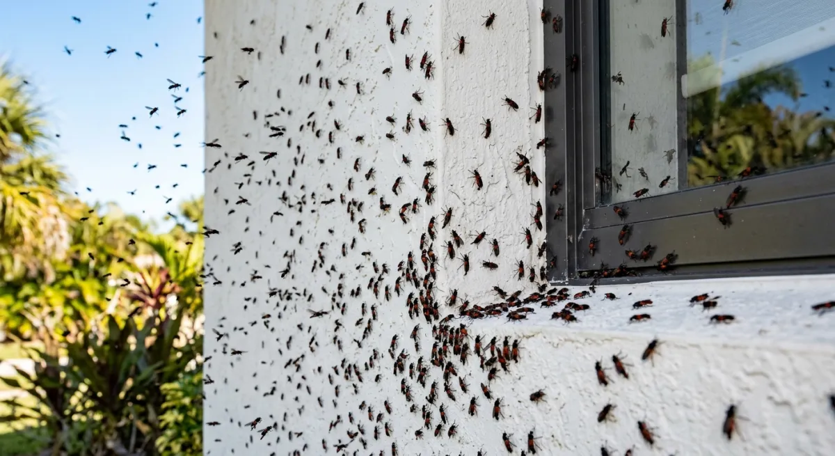 Love bugs swarming near a white stucco wall and window of a South Florida home