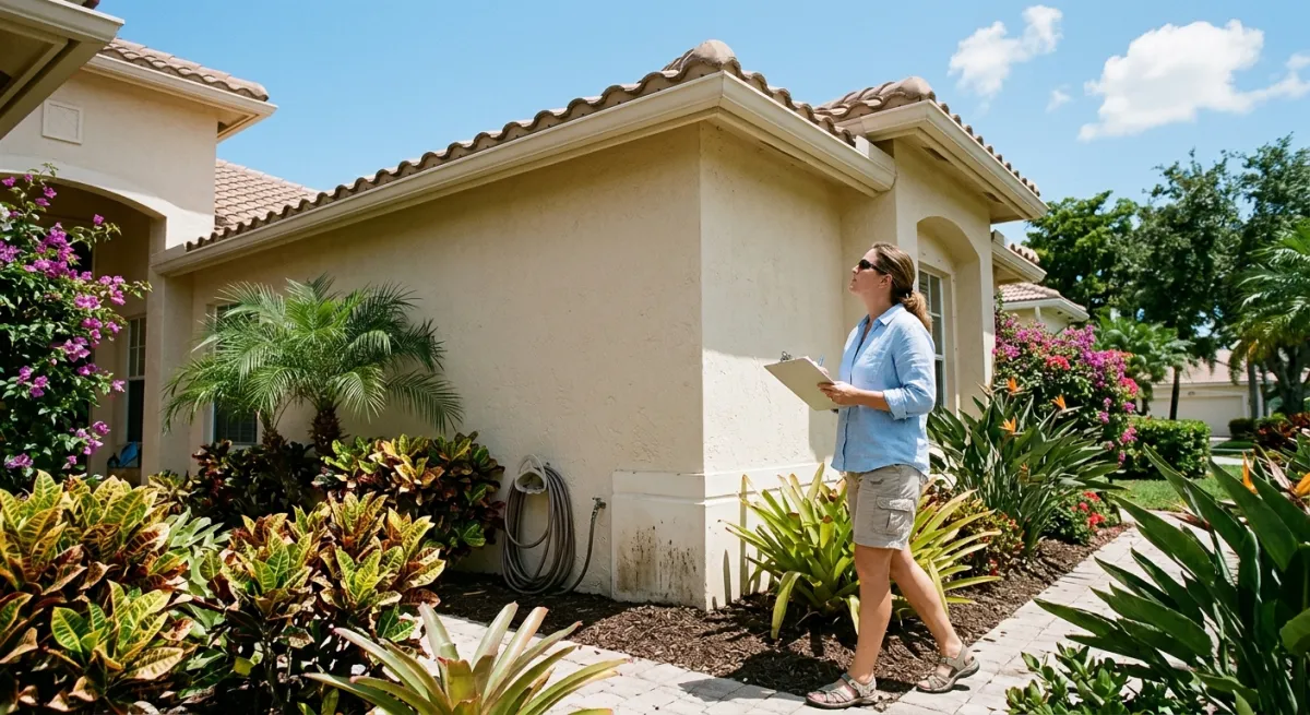 Homeowner walking around their Palm Beach property doing a mid-summer exterior inspection