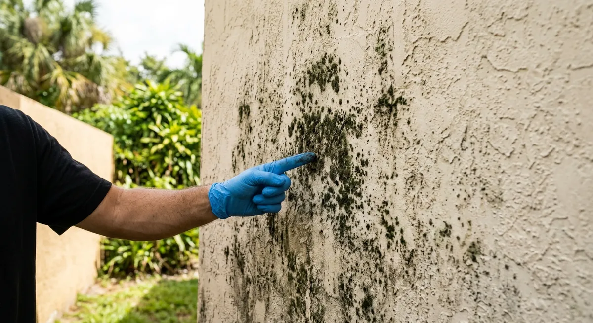 Gloved hand pointing at dark mold growth spreading on a cream stucco wall of a South Florida home