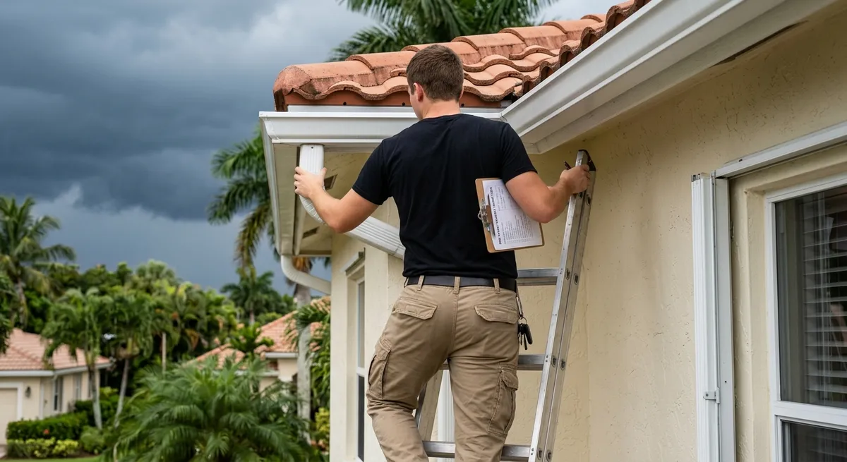 Worker on a ladder inspecting gutters and downspouts on a South Florida home with storm clouds approaching