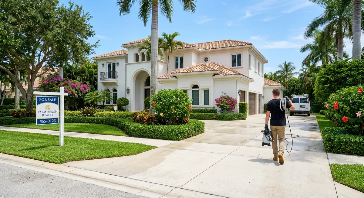 Worker walking away from a freshly cleaned luxury Palm Beach home with For Sale sign and gleaming driveway