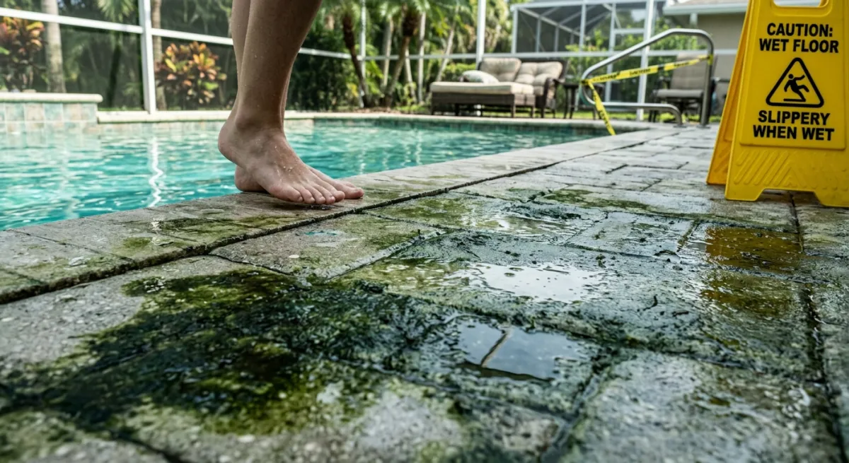 Wet pool deck surface with visible algae growth creating a slip hazard
